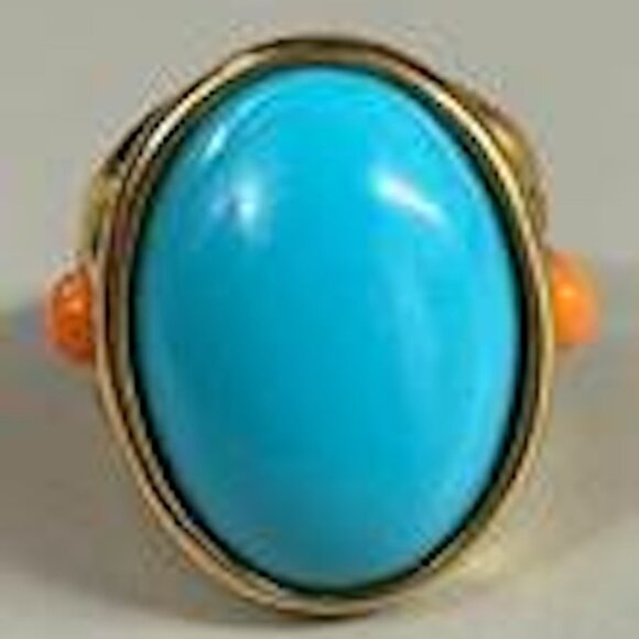 Kenneth Jay Lane, Gold Ring with Turquoise Cabochon Center & Coral Cabochon Dots - Picture 3 of 5